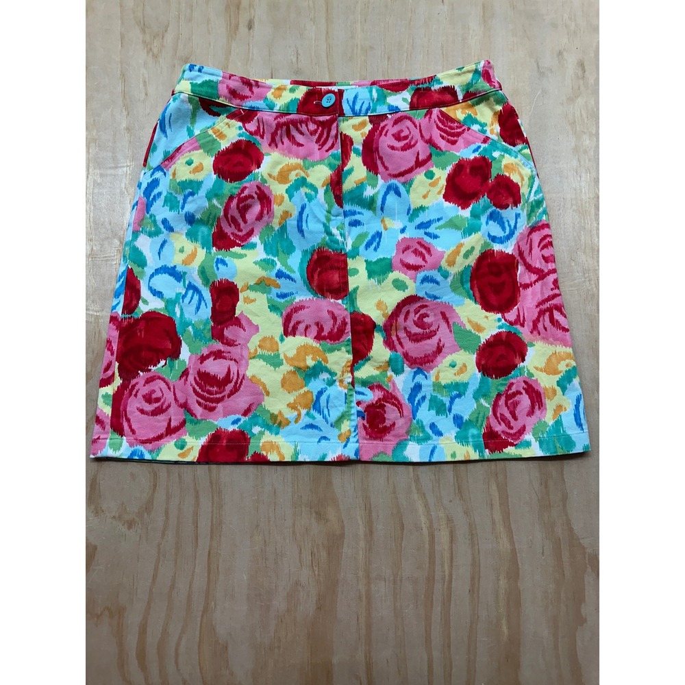 Talbots Floral Rose Print Stretch Cotton Mini Skirt Womens 8 Pink Blue Yellow